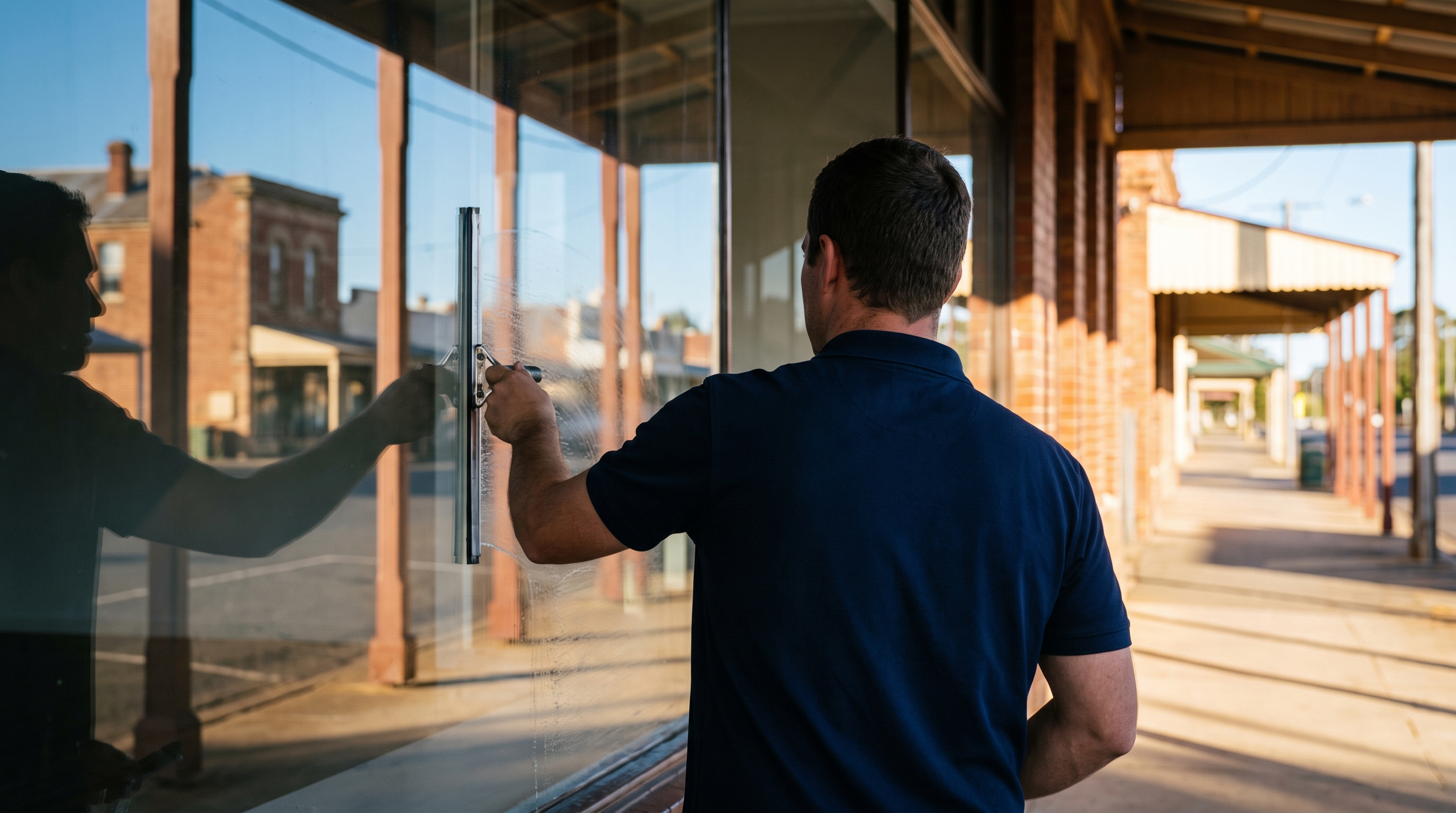 Window cleaning Swan Hill - Ultraclean cleaner squeegeeing a shopfront window on a country town main street